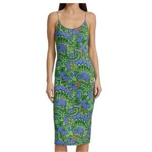 Alice + Olivia Green and Blue Paisley Slip Midi Dress